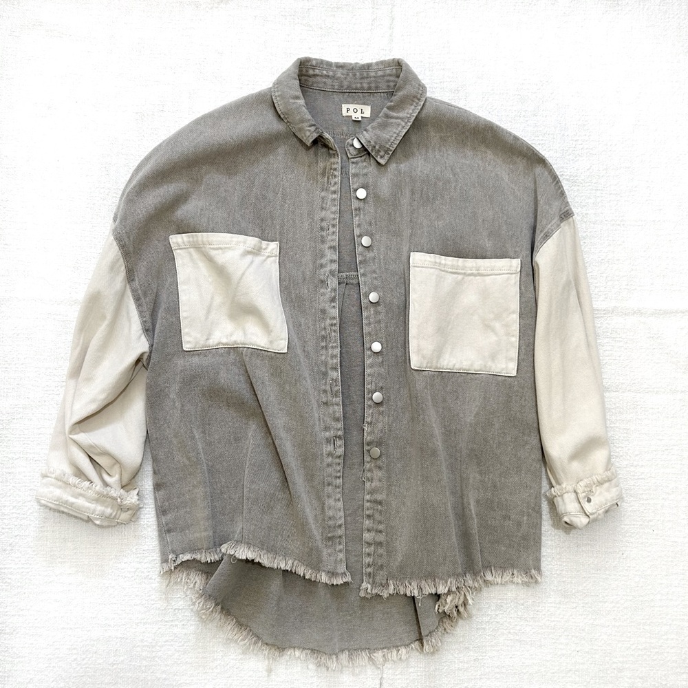 POL Oversized Twill Denim Jacket Two Toned Grey & Off White Women's Medium